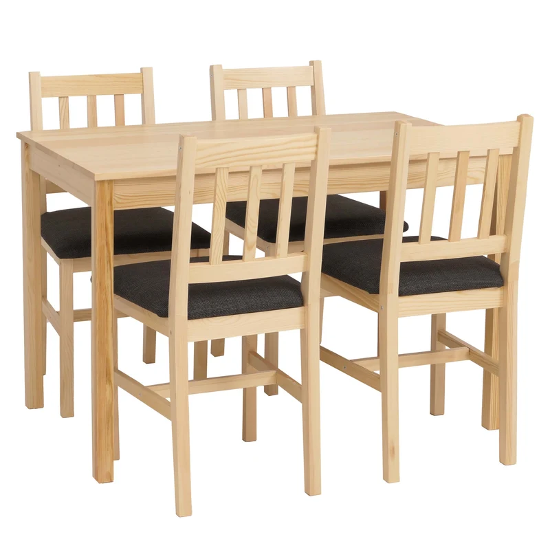 Ensemble de salle à manger style maison de campagne bois massif de pin avec assises rembourrées finition naturelle coussins noirs 04_0009062