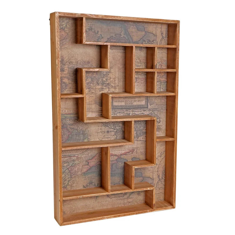 Étagère murale vintage 13 compartiments – Bois avec carte ancienne – 70x45x8 cm 04_0007212