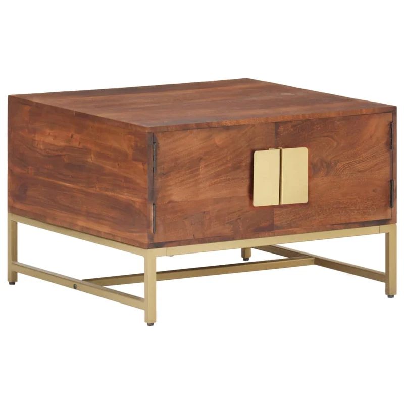 Table basse design rustique moderne 67 x 67 x 45 cm bois solide d'acacia et fer doré DEC039490