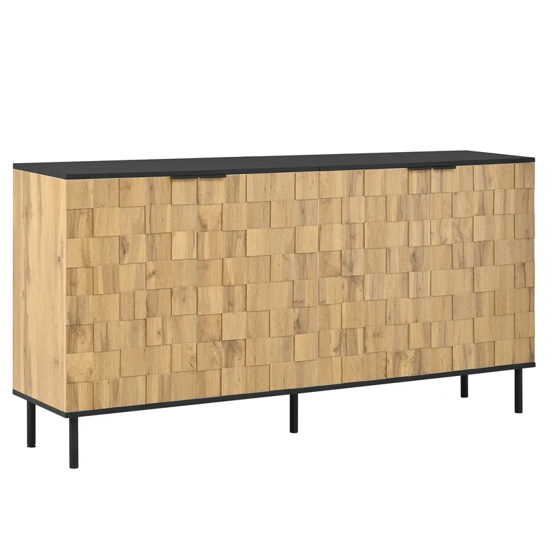 Buffet grand effet bois design damier mosaïque 2 portes 160x35x80,5 cm ADJUSTTRAY