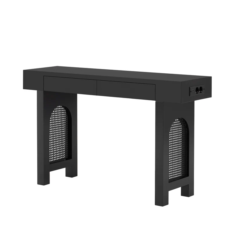 Console noire pieds en rotin 2 tiroirs et avec prises & USB MOMENTUMQUAZ
