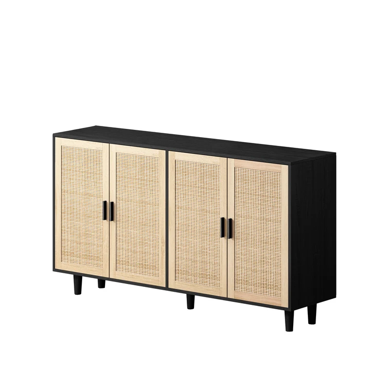 Buffet noir avec 4 portes en cannage de rotin et design scandinave MOMENTUMCASCADEE