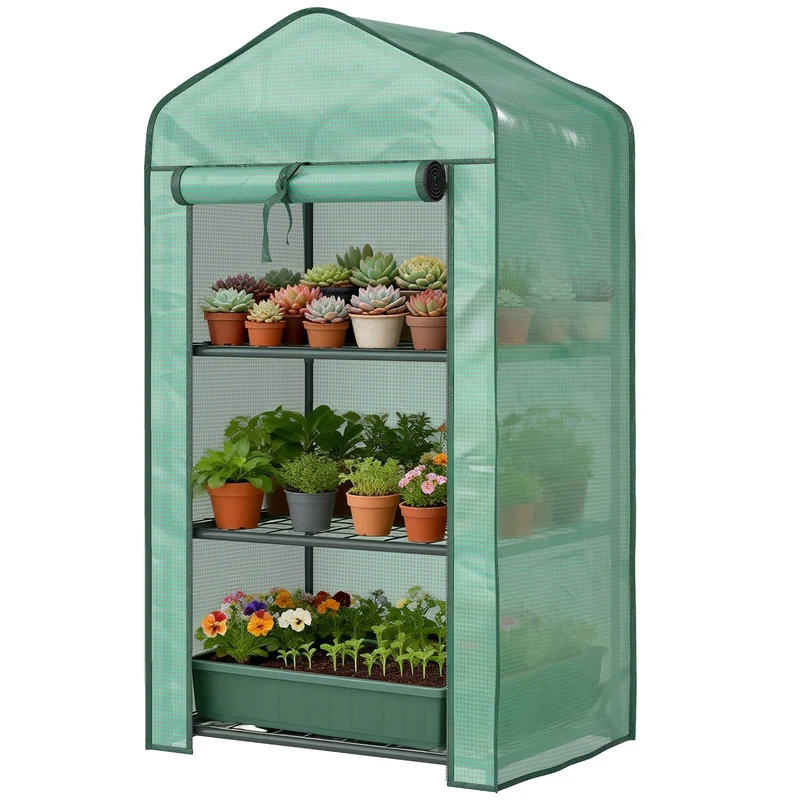 Serre de jardin compacte 3 étagères balcon 59 x 39 x 127 cm protection anti uv aération style moderne en plastique vert 21_0005439