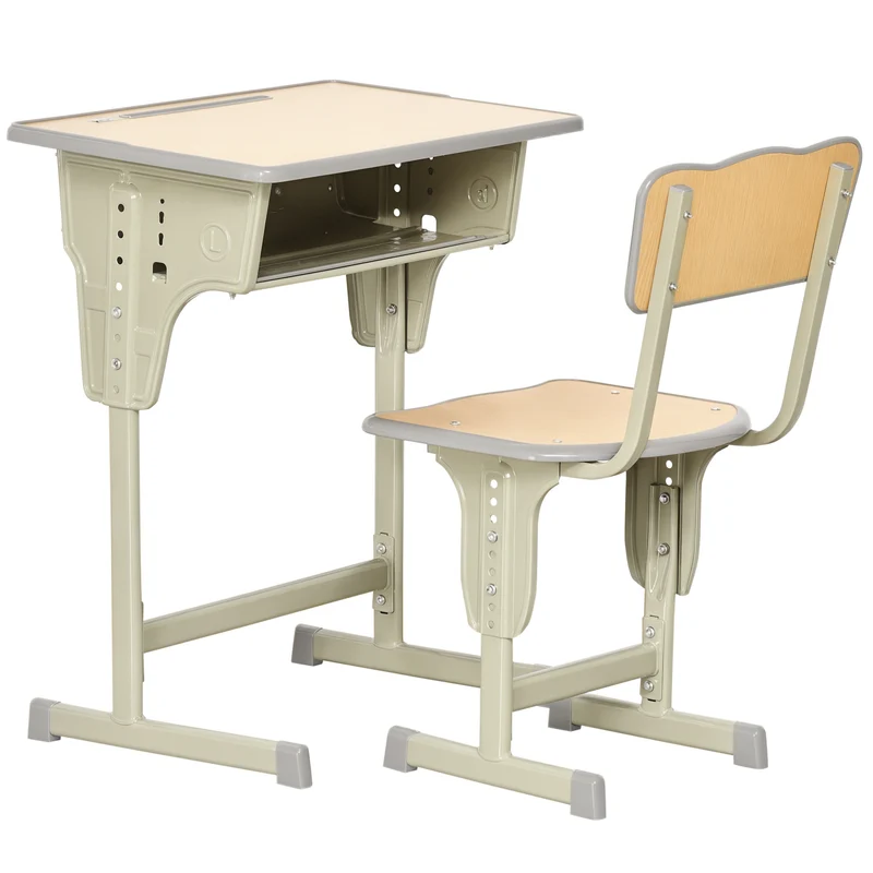 Bureau enfant pupitre d'écolier 60 x 40 x 58-76 cm hauteur réglable rangements intégrés vintage scandinave en MDF kaki 21_0000196