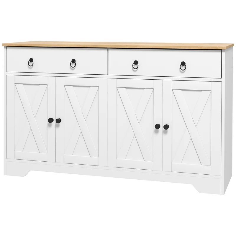 Buffet rustique 121 x 37 x 75 cm 2 tiroirs 2 portes étagères réglables poignées salon en panneaux de particules blanc 21_0003213