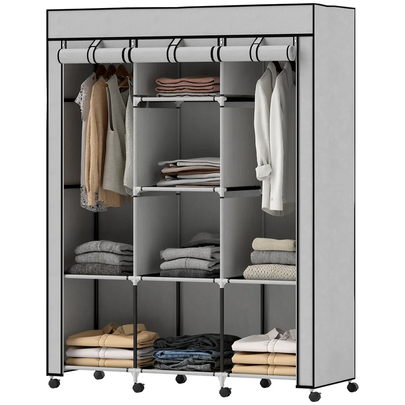Armoire penderie 125 x 43 x 162,5 cm 8 étagères 2 barres pour salon et chambre scandinave minimaliste en non tissé gris 21_0005818