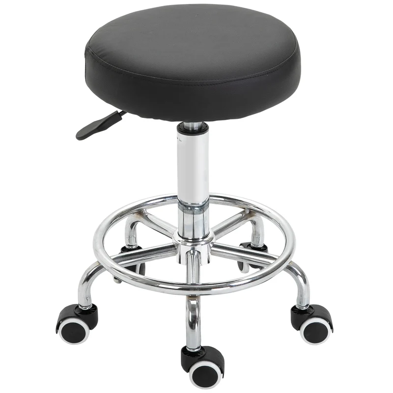 Tabouret à roulettes assise rembourrée 42 x 50-64 cm réglable pivotant ergonomique salon moderne en polyuréthane noir 21_0000813