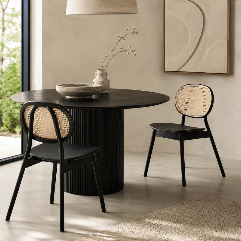 Silla de comedor nórdica madera negra y ratán Henar