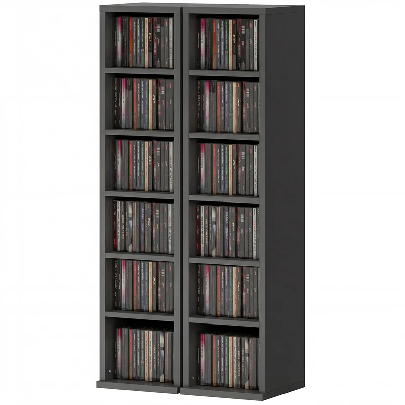 Lot de 2 colonnes rangement cd 12 compartiments 21 x 22.5 x 88.5 cm capacité 204 moderne en panneaux de particules noir 21_0001802