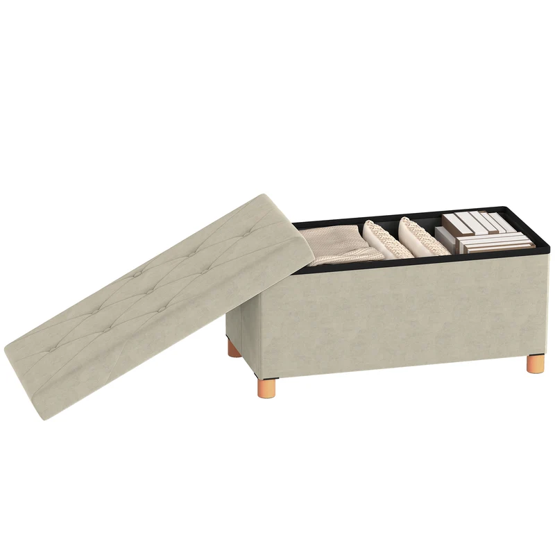 Banc de rangement bout de lit pliable 76 x 38 x 38 cm assise capitonnée 67 l très confortable moderne en velours crème 21_0002941