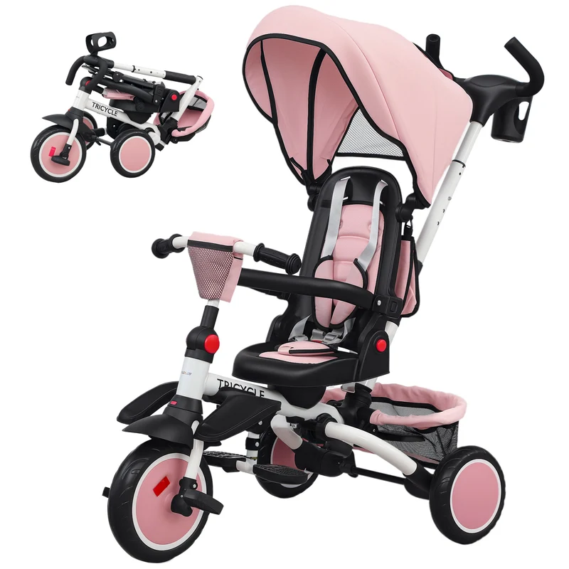 Tricycle évolutif 6 en 1 poussette convertible 111,5 x 52 x 98 cm siège pivotant 360° pliable moderne en acier rose 21_0000631