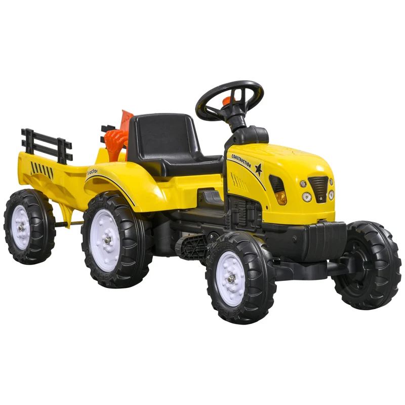 Porteur tracteur à pédales remorque pelle râteau 133 x 42 x 51 cm aide jardinage confortable classique en plastique jaune 21_0000328