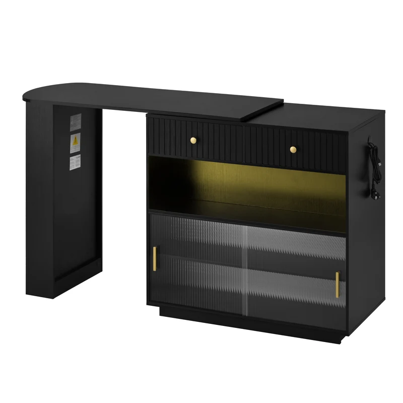 Table de bar extensible noir et pivotant 360° avec LED et prises 120x50x95,5 cm FLAREITYY