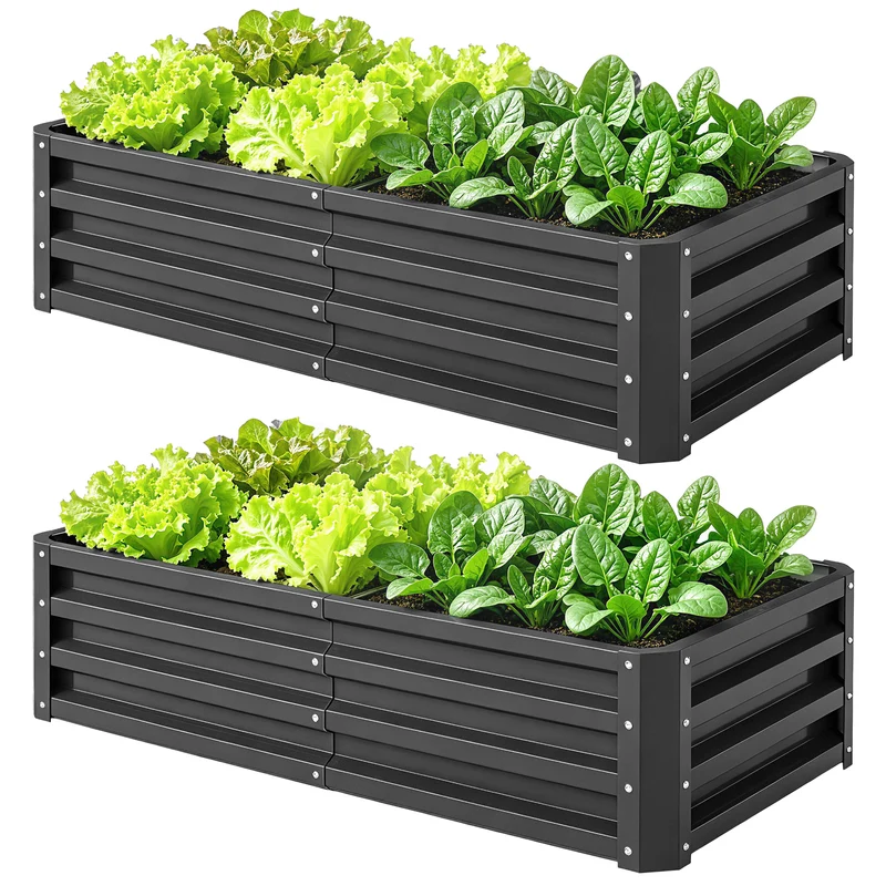 Lot de 2 carrés potagers rectangulaires 120 x 60 x 30,5 cm résistants intempéries industriel en acier galvanisé gris 21_0004043