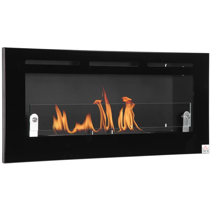 Cheminée bioéthanol murale encastrable 102 x 16 x 43 cm chauffe 30 m² flammes sans fumée moderne épuré en métal noir 21_0001129