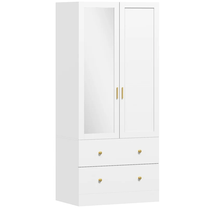 Armoire penderie avec miroir 80 x 50 x 180 cm grand espace et sécurité anti-basculement style moderne épuré en MDF blanc 21_0003746