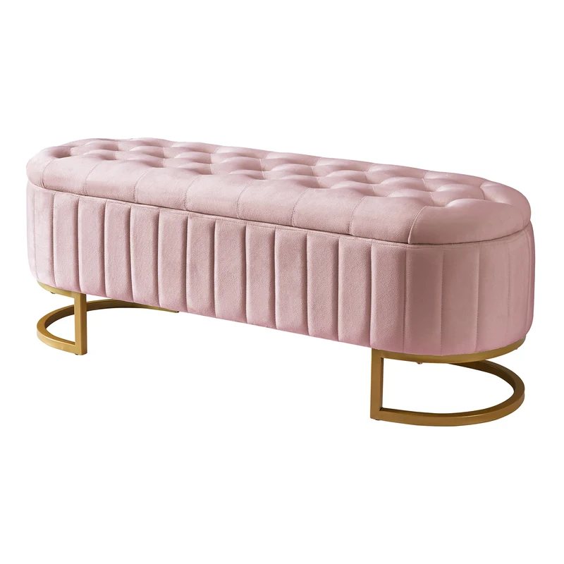 Banquette pouf capitonné en velours rose avec pieds dorés RIFTVORNATHYN
