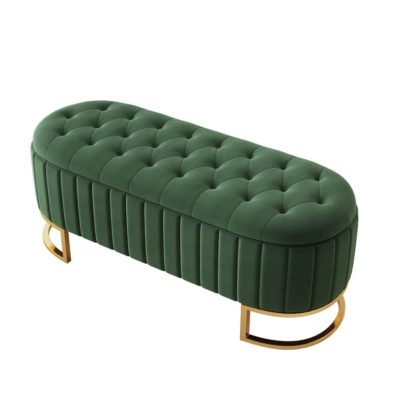 Banquette pouf capitonné en velours vert avec pieds dorés RIFTZYNTHYNOR