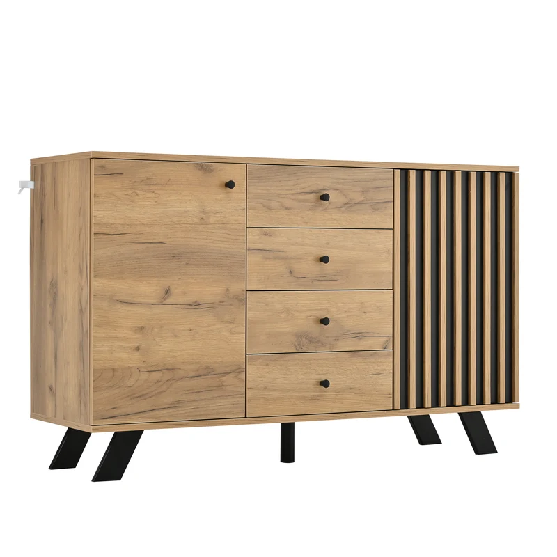 Buffet industriel effet bois naturel et lattes noirs avec 4 tiroirs CORBICUL