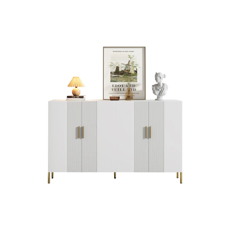 Buffet multifonctionnelle moderne blanc mat 4 portes poignées et pieds dorés 160*35*100 cm KIKS