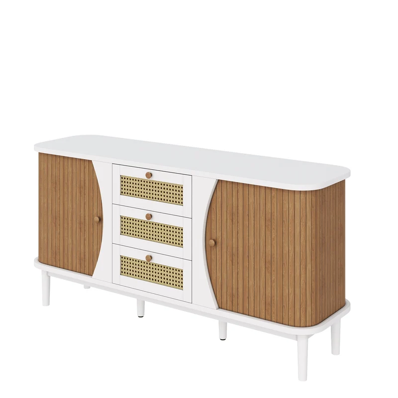 Buffet blanc 3 tiroirs rotin 2 portes coulissantes cannage naturel 140,5x40x76cm VERTEXVALTHYNATH