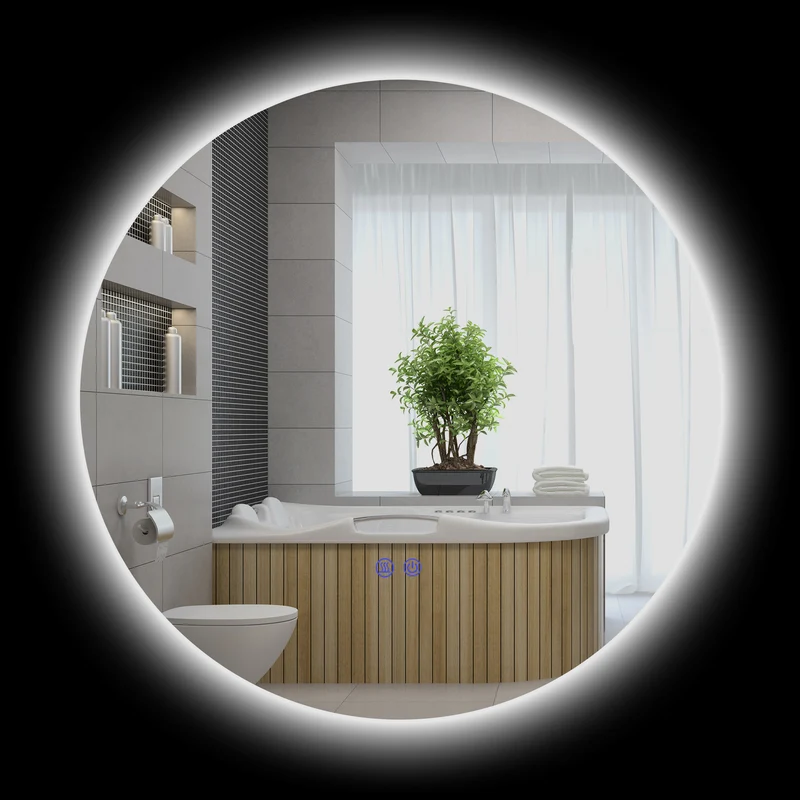 Miroir rond mural salle de bain 60 x 60 x 3,5 cm antibuée intégrée éclairage led réglable moderne épuré en verre argent 21_0001974