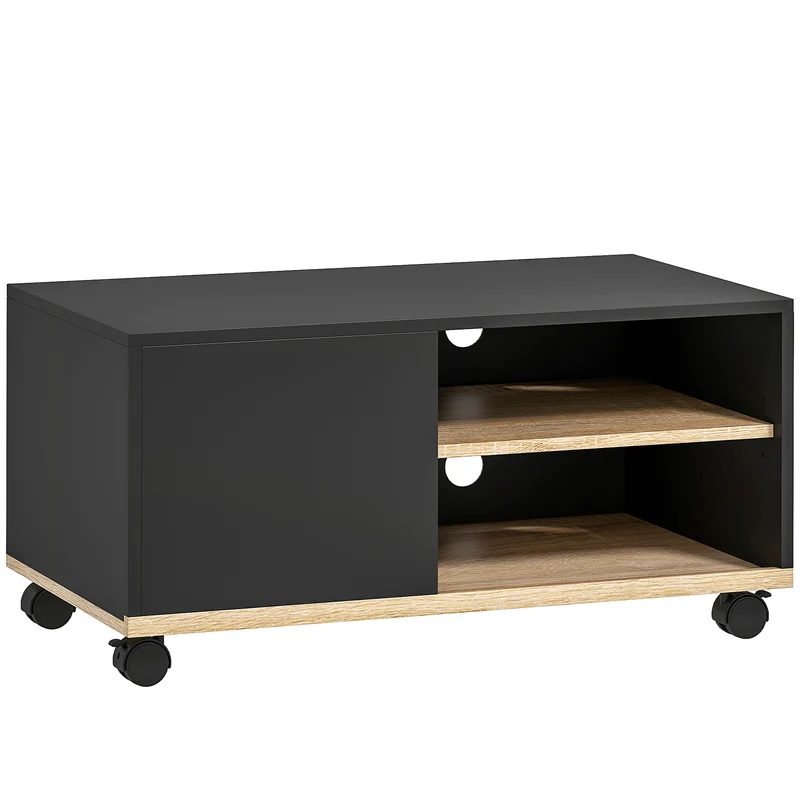Meuble télévision roulettes 80 x 45 x 41 cm 2 niches 1 placard passe-fil contemporain en panneaux de particules noir 21_0001826
