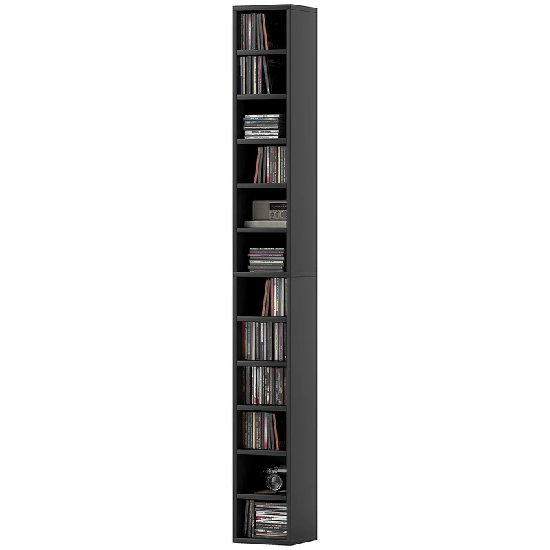 Meuble de rangement colonne cd dvd 21 x 20 x 175 cm capacité 204 cd gain de place anti basculement épuré en MDF noir 21_0001695
