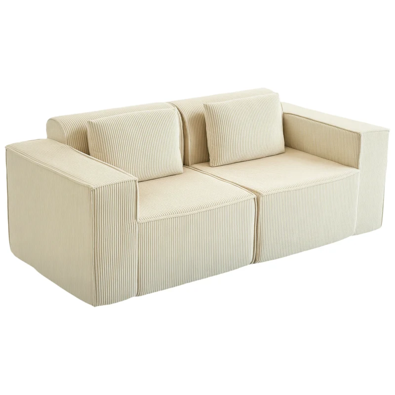 Canapé 3 places salon 202 x 90 x 76 cm assise profonde accoudoirs larges housses zippées moderne en velours côtelé beige 21_0003571