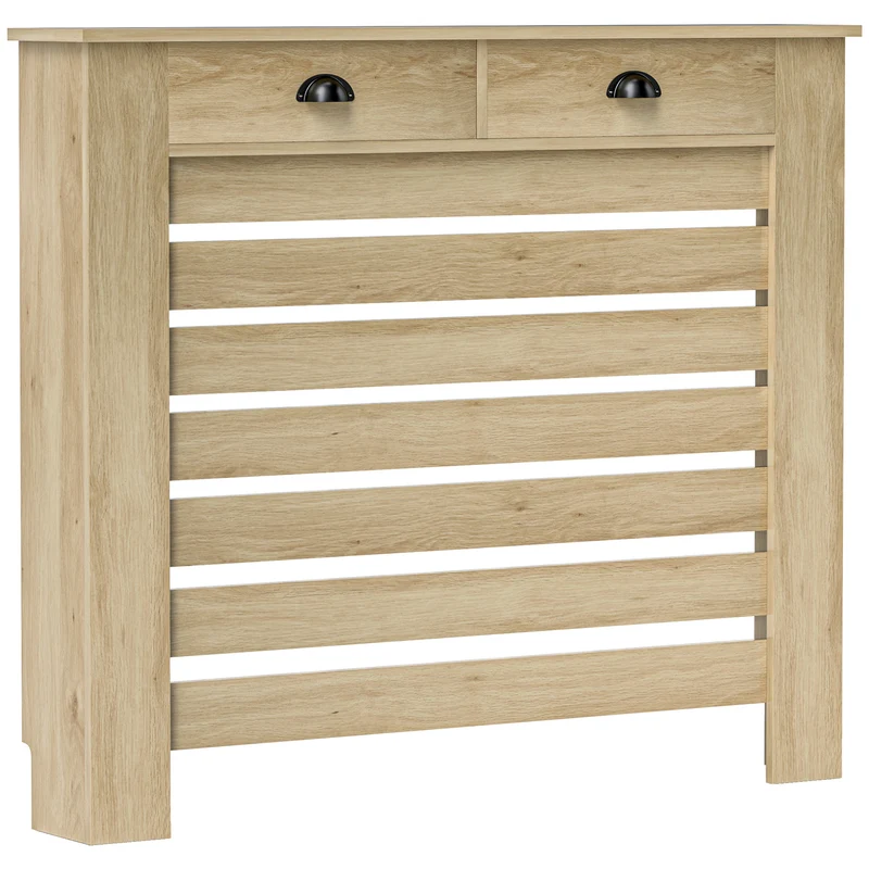 Cache-radiateur lattes horizontales 111 x 19 x 95,5 cm protège enfants animaux 2 tiroirs moderne épuré en MDF chêne 21_0001137