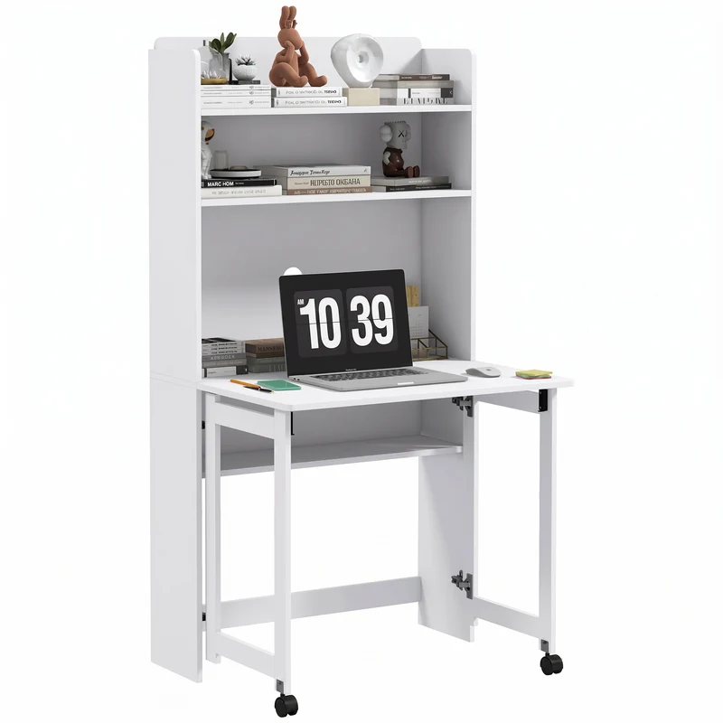 Bureau informatique pliable pour chambre salon 80 x 69 x 155 cm gain de place avec étagères design moderne en MDF blanc 21_0002492
