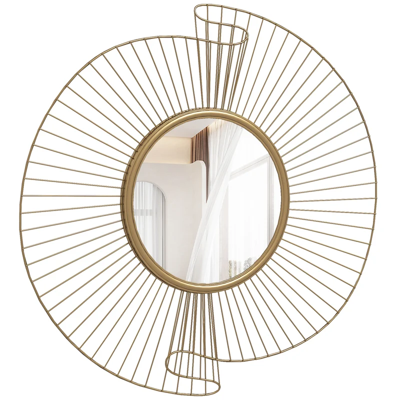 Miroir décoratif rond mural 60 x 60 x 3,2 cm suspension à 360° cadre plissé design moderne salon chambre en métal doré 21_0003707