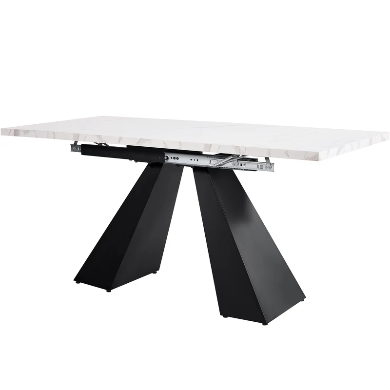 Table de salle à manger extensible système coulissant effet marbre blanc avec pieds en colonne 99-159cm GHAKOX WHITE