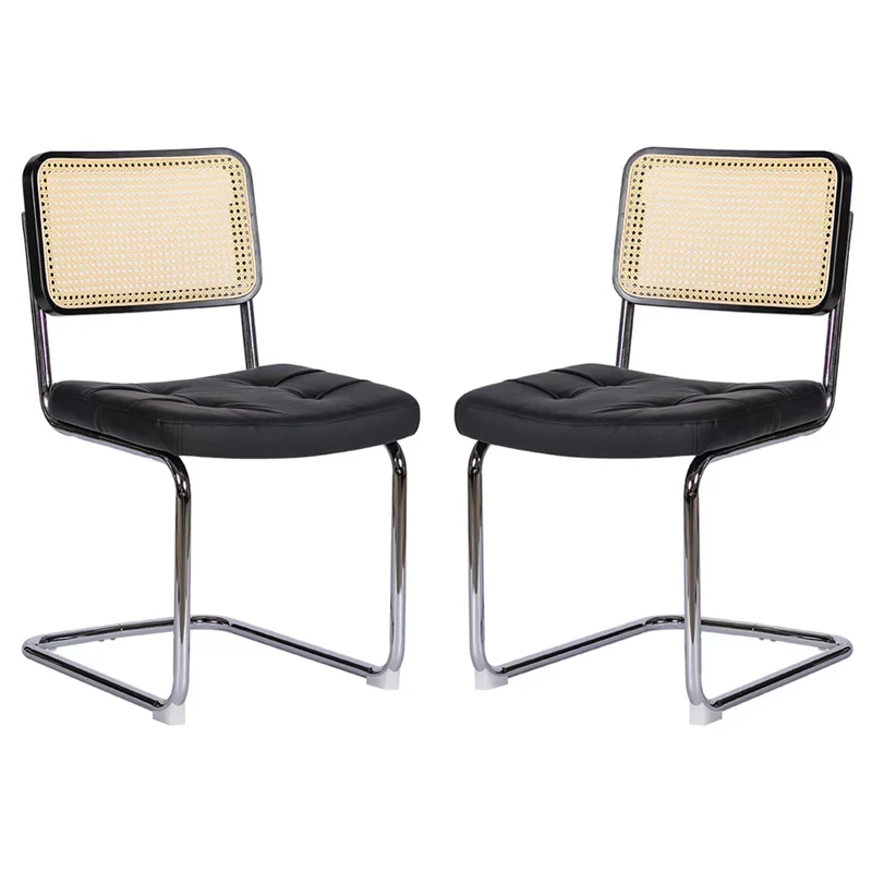 Lot de 2 chaises de salle à manger Breuer en PU noir et dossier en rotin, pieds chromés FLARERYN