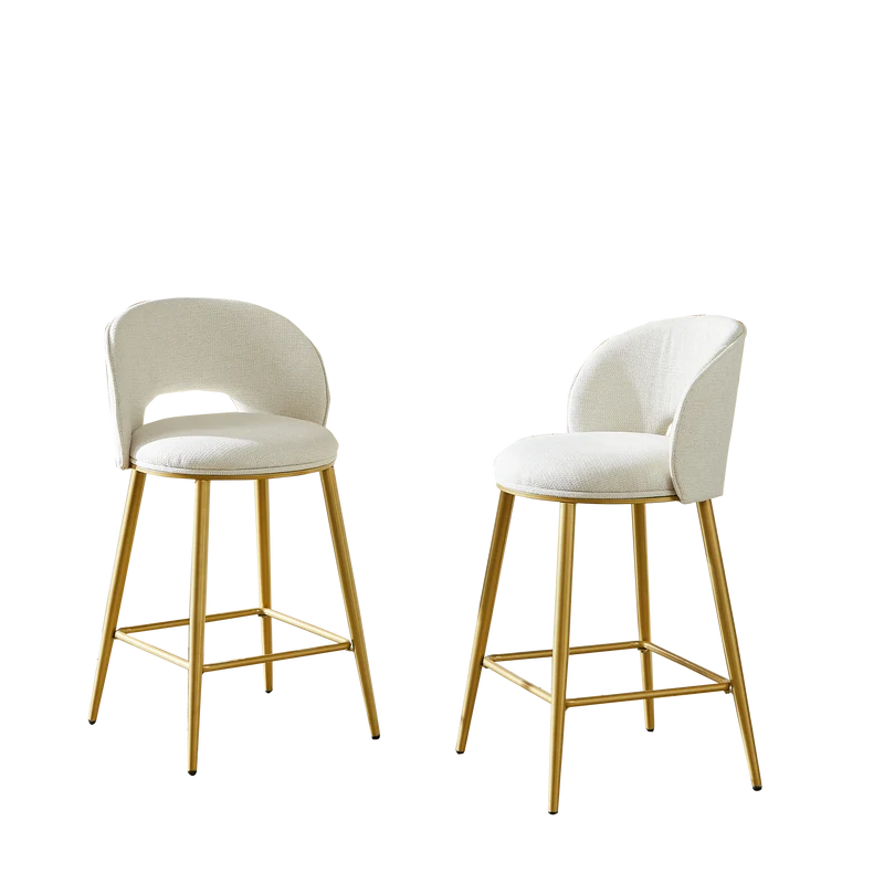 Lot de 2 tabourets de bar chenille beige avec dossier ajouré, pieds dorés FLAREKAEL