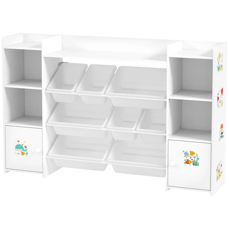 Meuble rangement enfant étagère à livres 140 x 30 x 90 cm 8 bacs placard intégré coins arrondis design épuré en MDF blanc 21_0000162