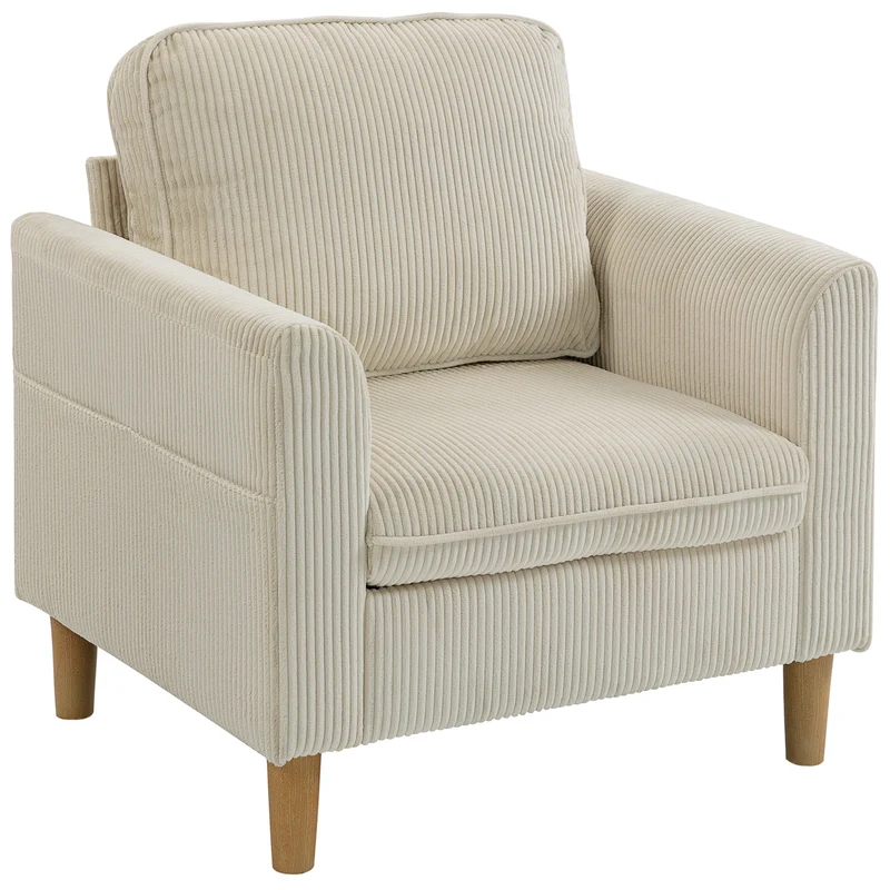 Fauteuil de salon 1 place 83 x 74 x 87 cm assise large coussin épais 15 cm moderne scandinave en velours côtelé beige 21_0003664