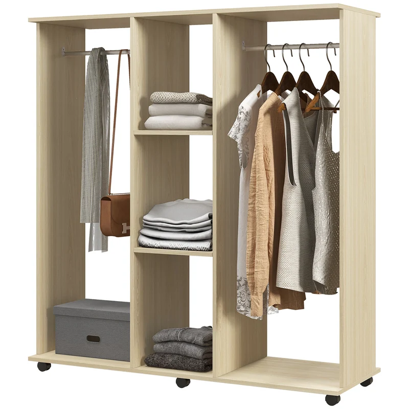 Armoire penderie mobile 120 x 40 x 128 cm 6 roulettes grande capacité style épuré en panneau de particules bois naturel 21_0001423