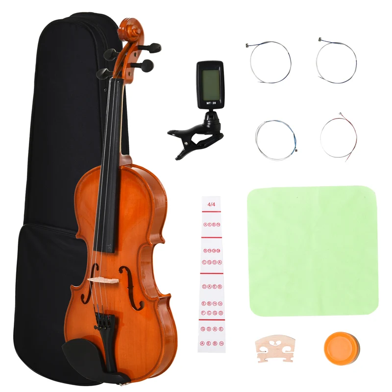 Violon 4/4 d'étude pleine grandeur 58,5 x 21,5 x 7 cm ensemble complet pour débutants style classique en bois orangé 21_0008054