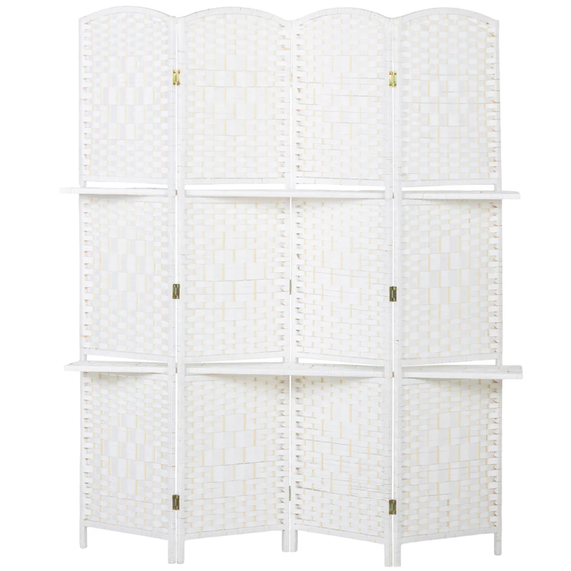 Paravent séparateur de pièce 4 panneaux 160 x 1.6 x 170 cm pliable 2 étagères motif losange scandinave en bois blanc 21_0001321