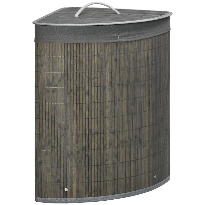 Panier à linge d'angle 38 x 38 x 57 cm avec couvercle et housse amovible salle de bain scandinave épuré en bambou gris 21_0005830