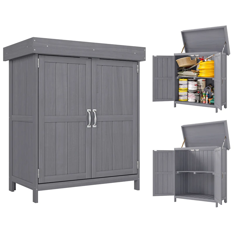Armoire de jardin sur pied double porte 74 x 43 x 88 cm étagère et toit relevable bitumé pré-huilé épuré en bois gris 21_0004092