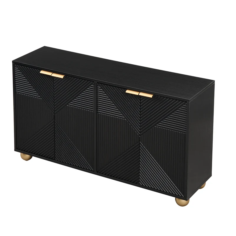 Buffet noir art déco 4 portes sculptées pieds boule, poignées dorés 120x35x71,5cm RIFTZORATHYNOR