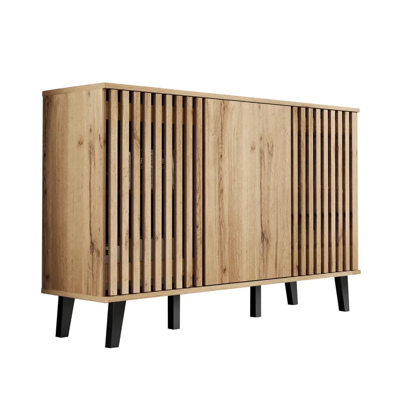 Buffet effet bois naturel design latté 3 portes, 6 compartiments 150x40x95cm RIFTMYRKONATH