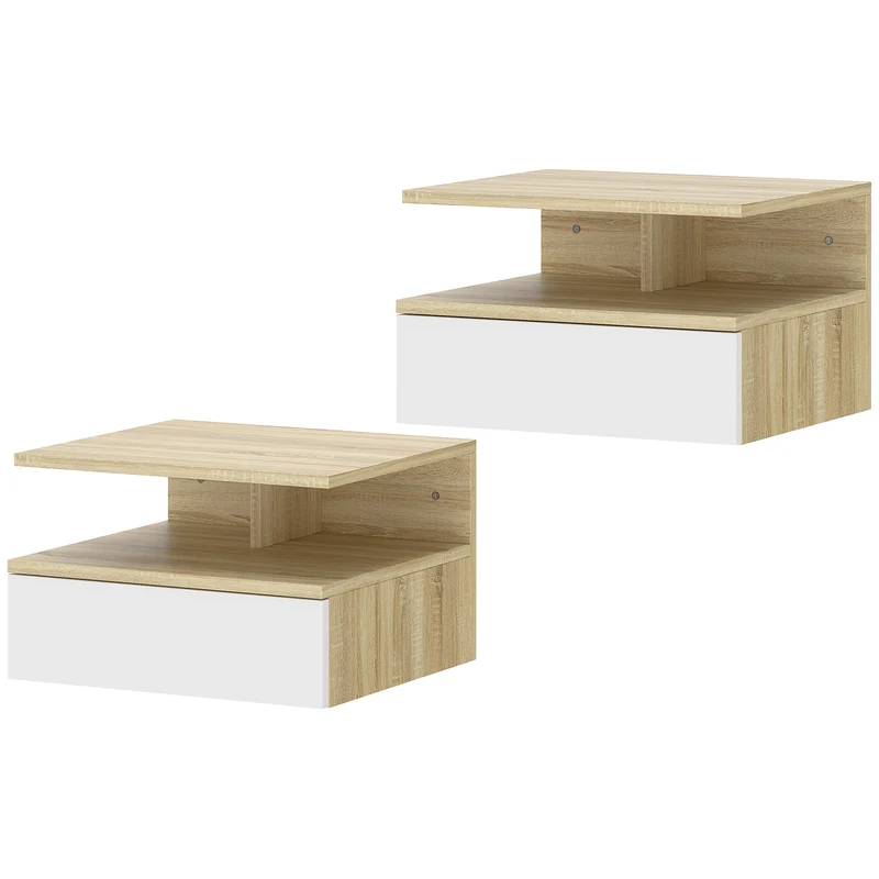 Lot de 2 tables de nuit murales 35 x 32 x 22,5 cm tiroir et étagère gain de place moderne chambre en mélamine blanc 21_0001458