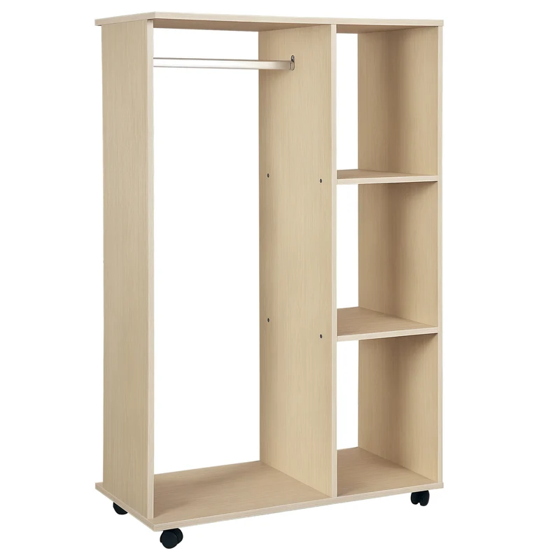Armoire penderie 80 x 40 x 128 cm étagère et trois casiers sur roulettes moderne en panneaux de particules chêne clair 21_0001403