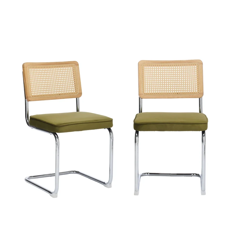 Lot de 2 chaises de salle à manger design Breuer velours vert olive, dossier cannage rotin, base chromée, style vintage FOCUSION