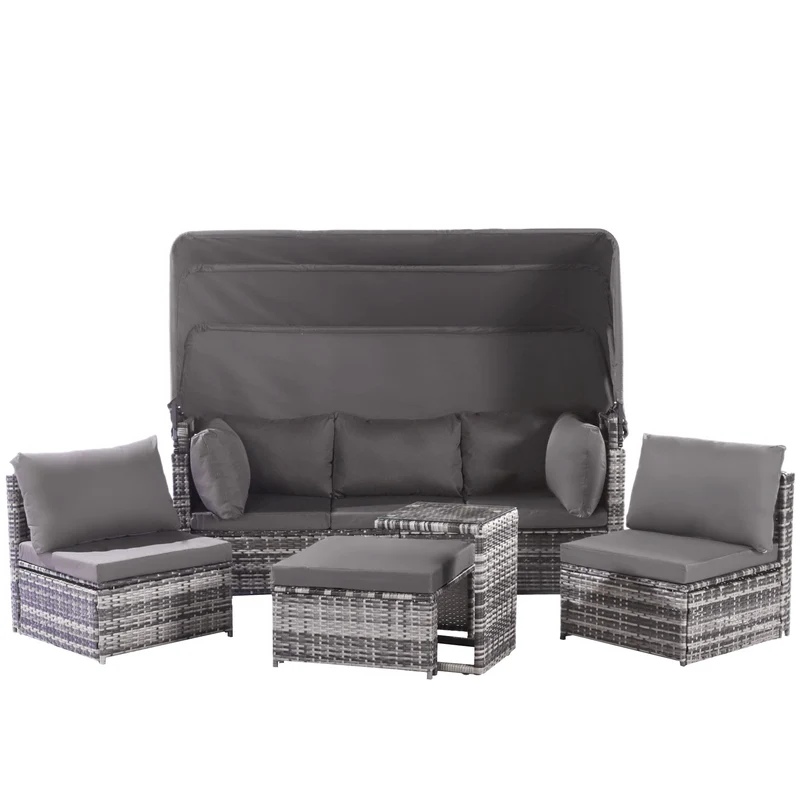 Ensemble de salon de jardin, canapé avec auvent amovible, tabouret, fauteuils et table sièges en rotin avec îlot de soleil, gris NIRKAX