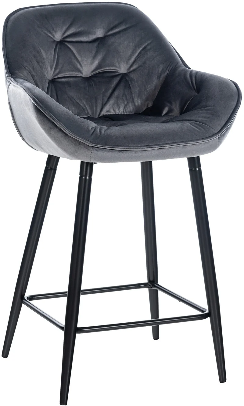 Tabouret de bar chaise haute x1 assise effet capitonnée en velours gris foncé et métal noir 10_0004895