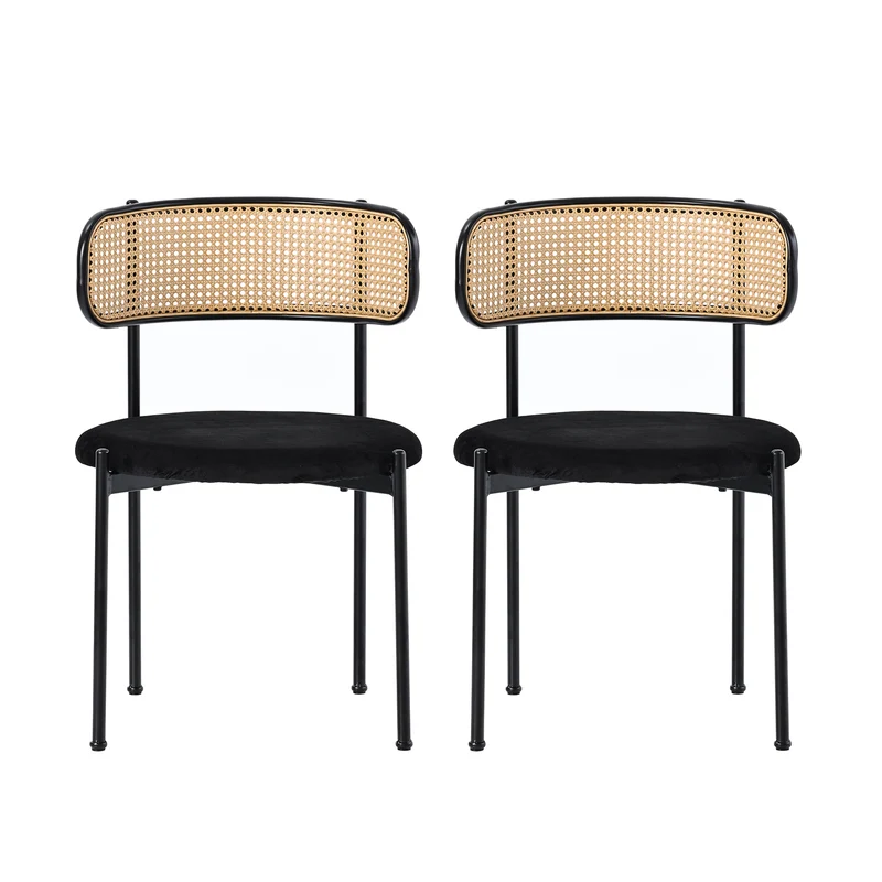 Lot de 2 chaises de salle à manger velours noir avec dossier en rotin COBALTLRE